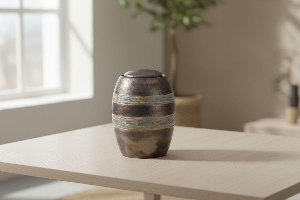 Keramische medium urn metallic blauw met glanzende afwerking