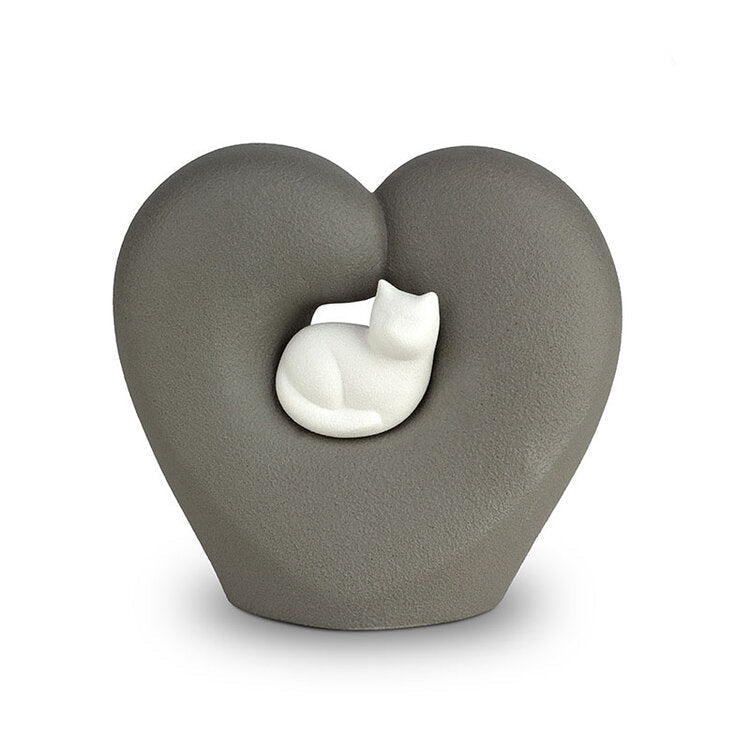 Porseleinen urn donkergrijs wit poes in hartvorm