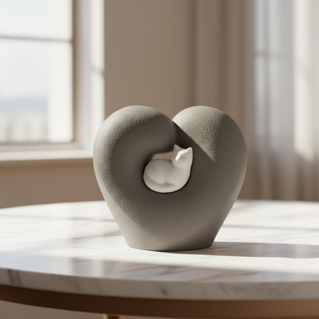 Porseleinen urn donkergrijs wit poes in hartvorm