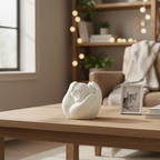 Porseleinen dierenurn witte hond slapend in hand symbool liefde