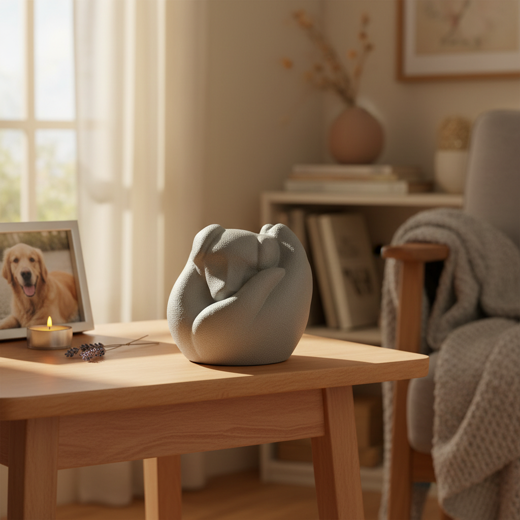 Porseleinen dierenurn donkergrijze hond slapend in hand symbool liefde