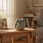 Porseleinen dierenurn donkergrijze hond slapend in hand symbool liefde