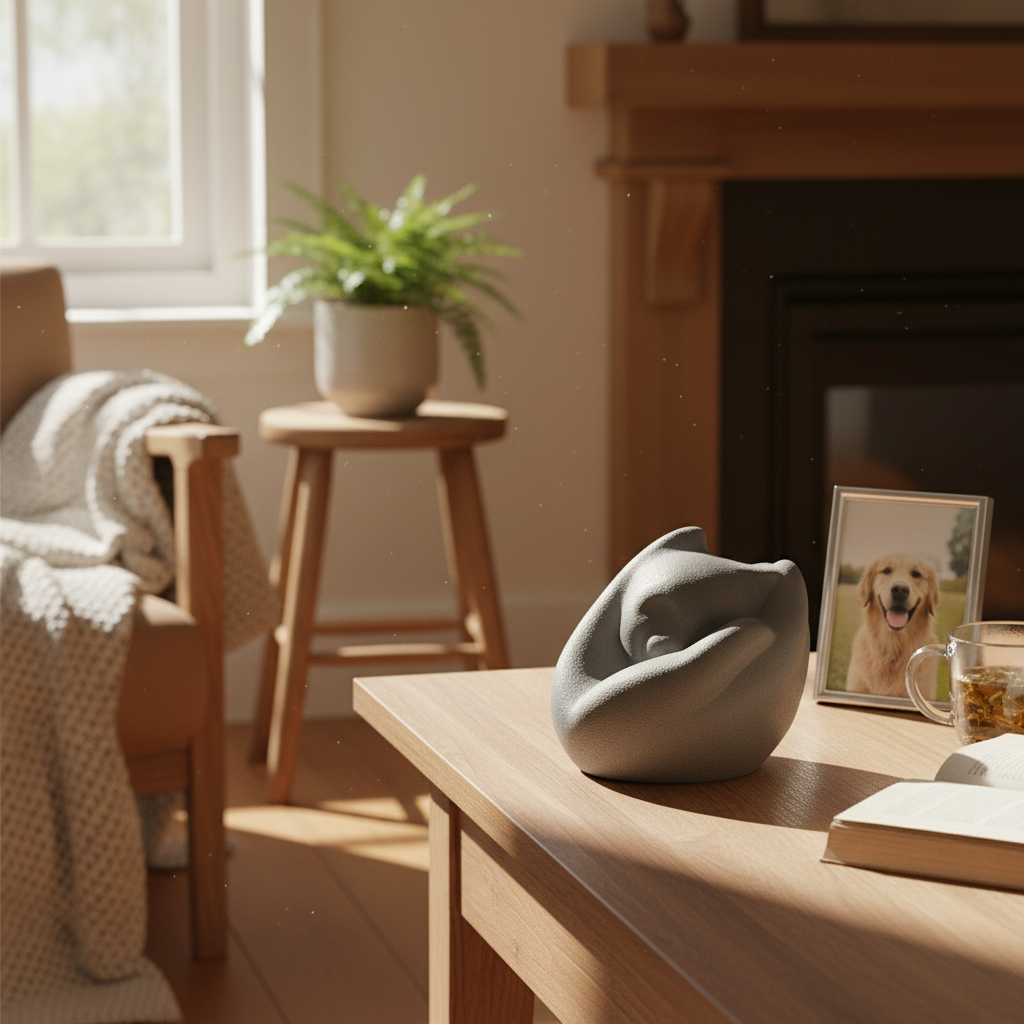 Porseleinen dierenurn donkergrijze poes slapend in hand warme herinnering huisdier