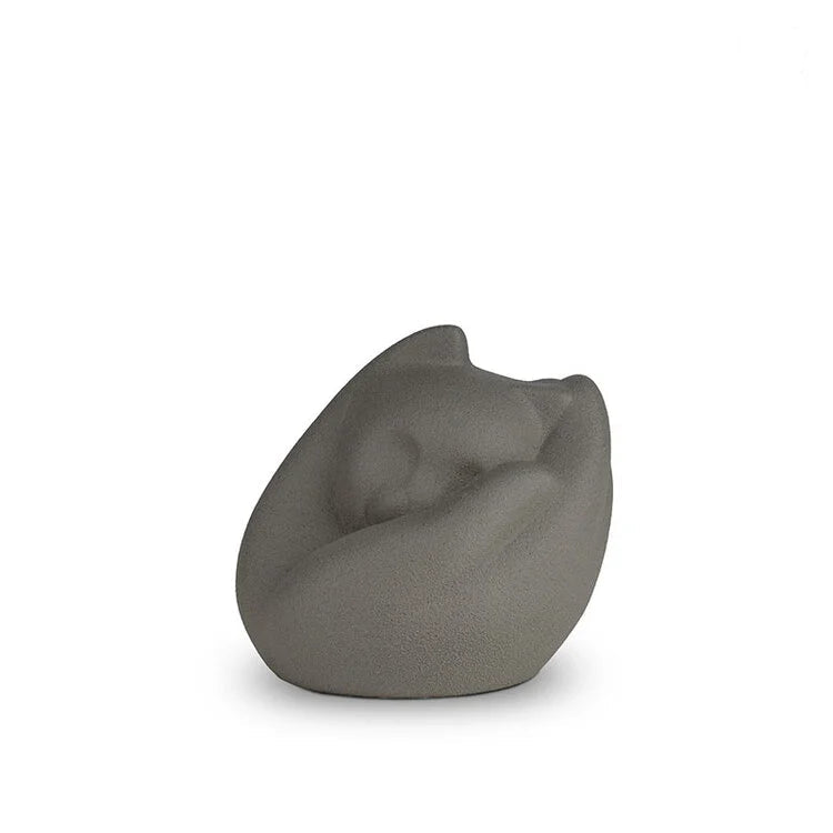 Porseleinen dierenurn donkergrijze poes slapend in hand warme herinnering huisdier