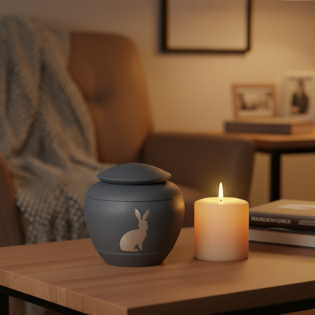 Metalen dierenurn konijn, mat donkergrijs met zilverkleurige afwerking