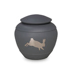 Metalen dierenurn konijn, mat donkergrijs met zilverkleurige afwerking