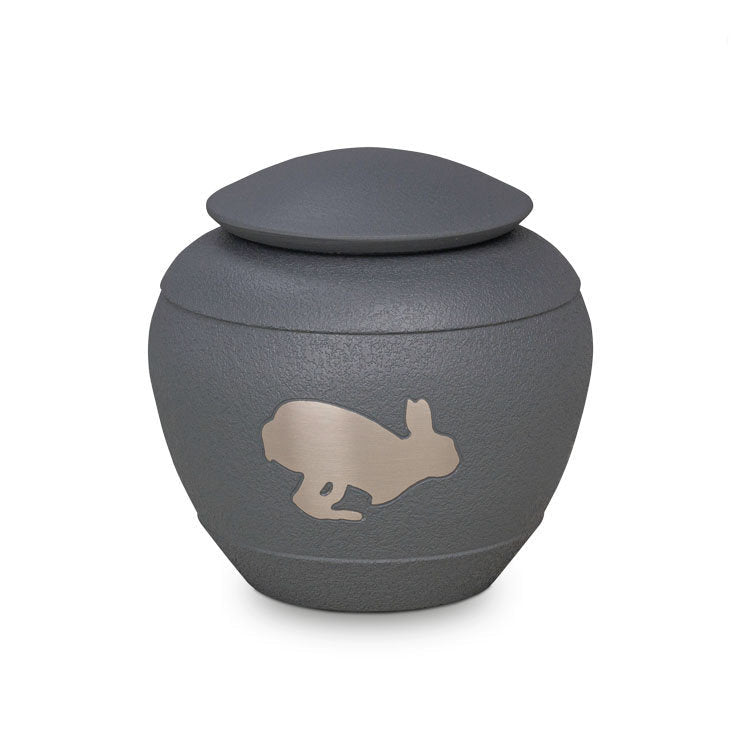 Metalen dierenurn konijn, mat donkergrijs met zilverkleurige afwerking