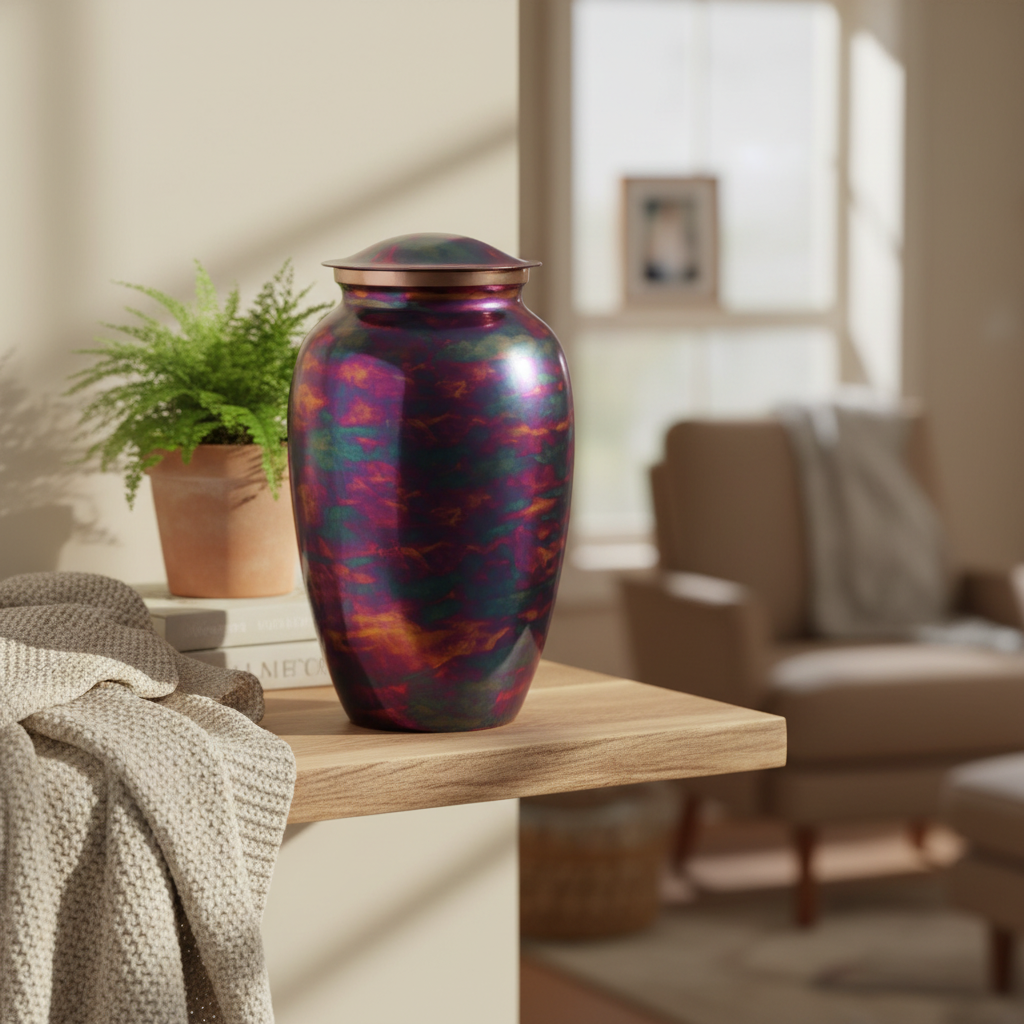 Metalen urn kopermat met uniek Raku-patroon