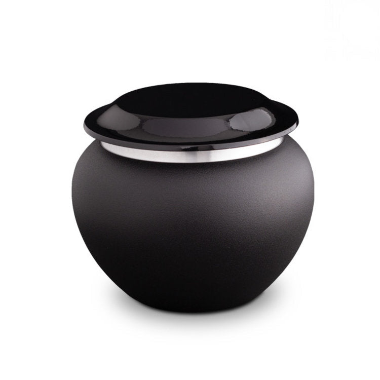 Metaal dierenurn medium zwart met zilverkleurige mat en glans afwerking voor binnen