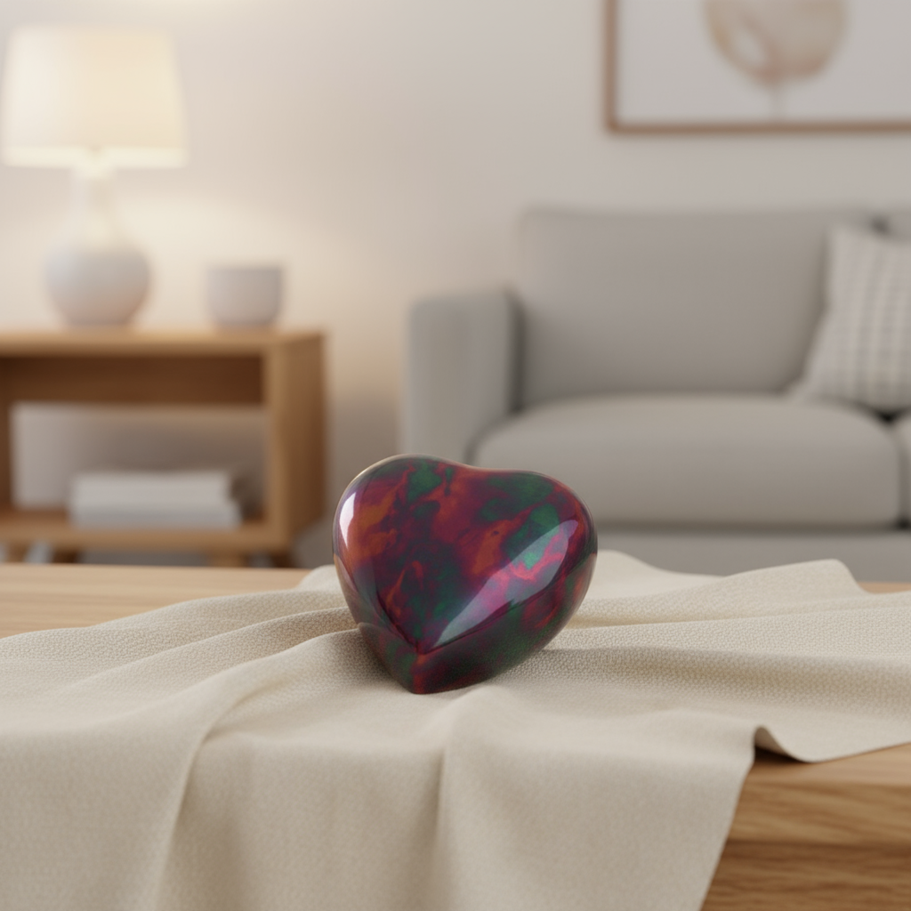 Metalen keepsake urn hartvormig met unieke Raku-kopermat