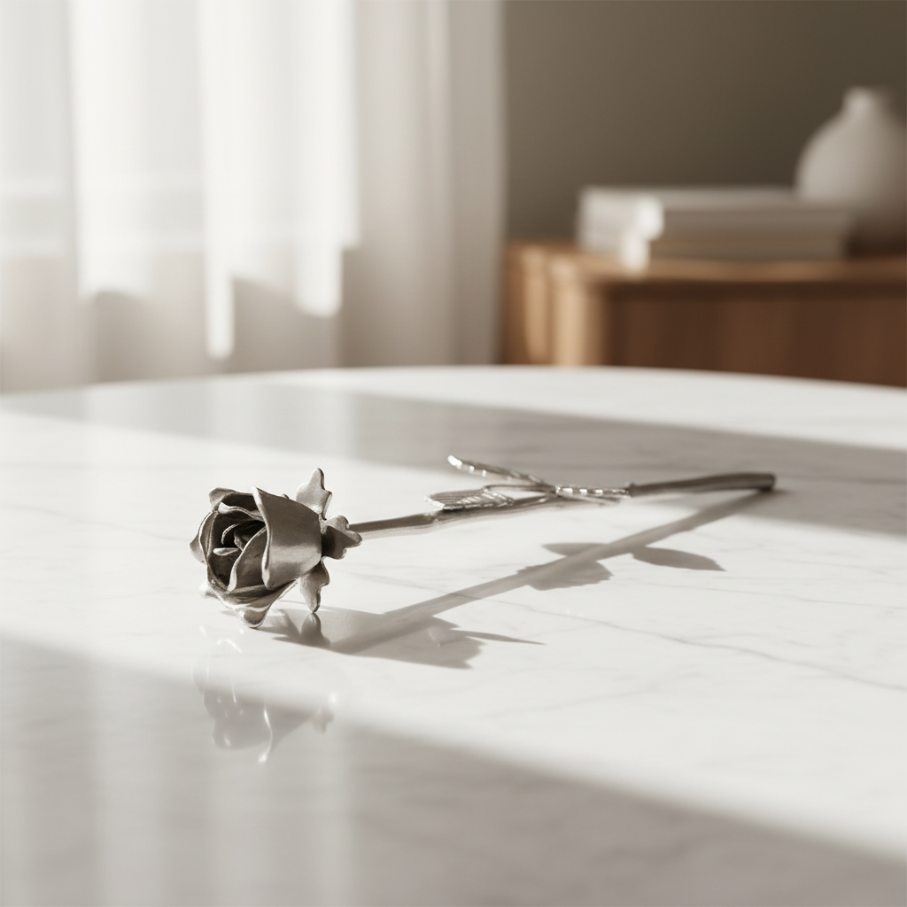 Tinnen asbeeld zilver de roos symbool van liefde en herinnering