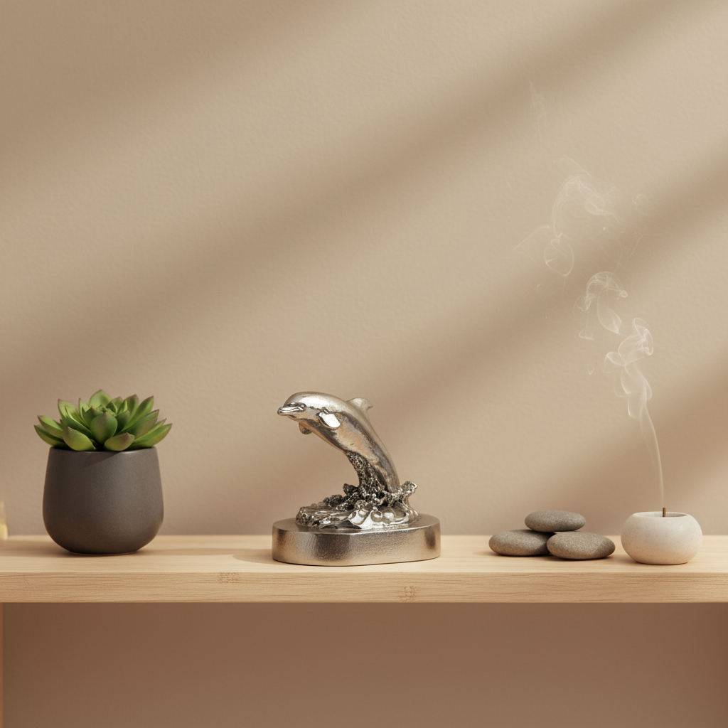 Tinnen asbeeld zilver vrij om te gaan op de golven dolfijn