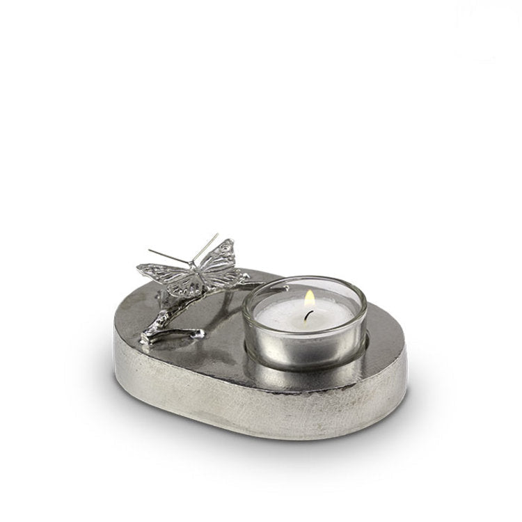 Tinnen asbeeld zilver je ziel blijft bij mij vlinder en kaars