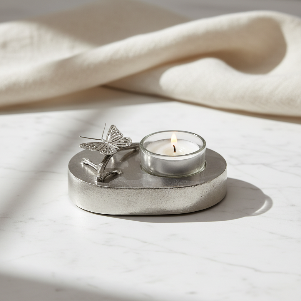 Tinnen asbeeld zilver je ziel blijft bij mij vlinder en kaars
