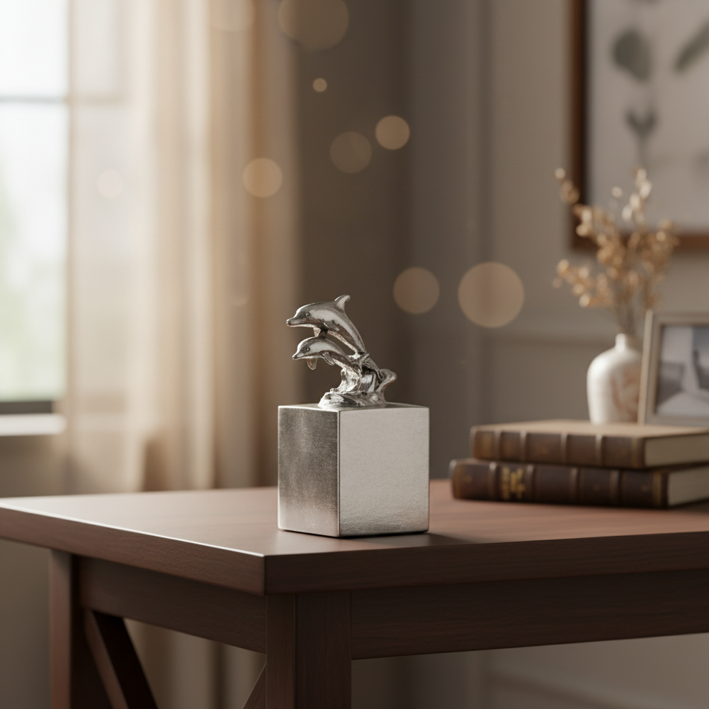 Tinnen asbeeld zilver vrij om te spelen op de golven dolfijnen