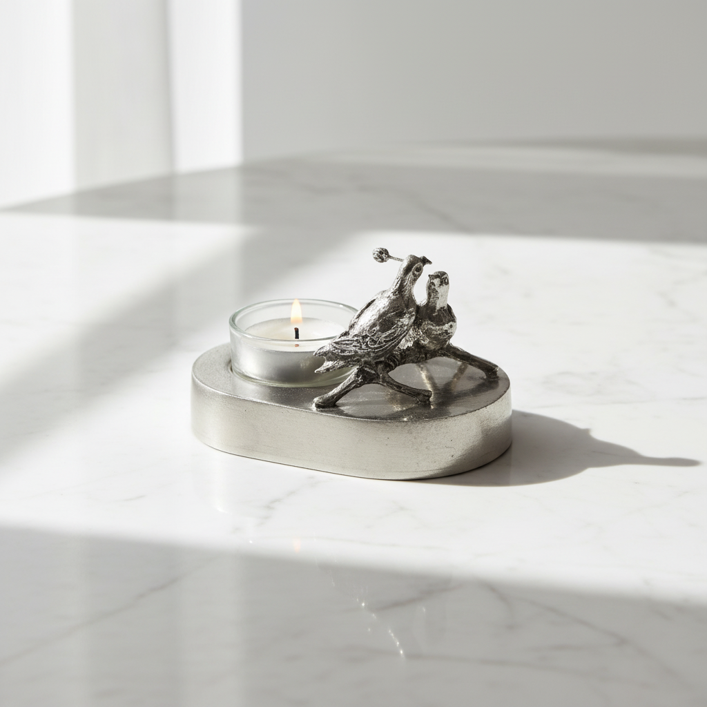 Tinnen asbeeld zilver eeuwige liefde vogels en waxinelichtje