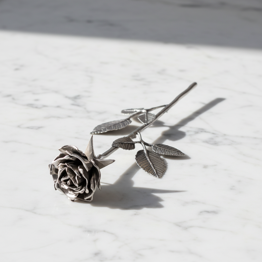 Tinnen asbeeld zilver een roos in bloei symbool van liefde