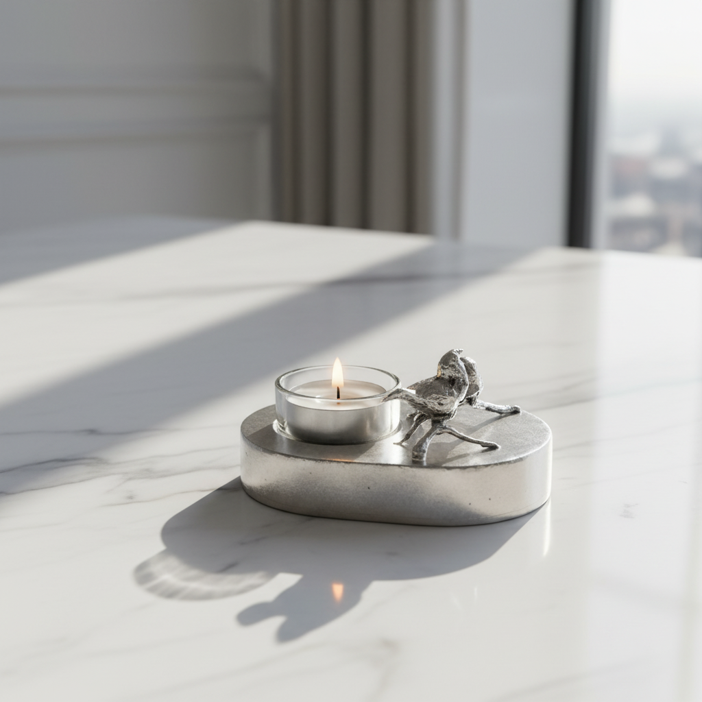 Tinnen asbeeld zilver liefde voor altijd met kaarsje en vogels